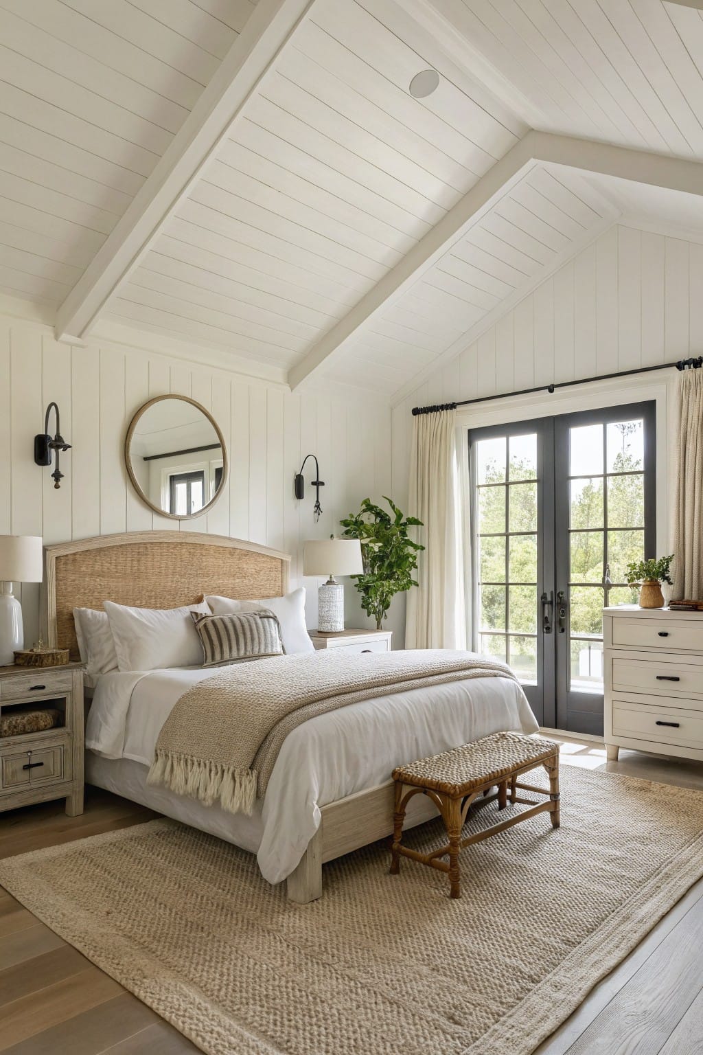 Bedroom with soft white shiplap walls, rattan headboard, neutral linens, wood floors, and French doors to trees
