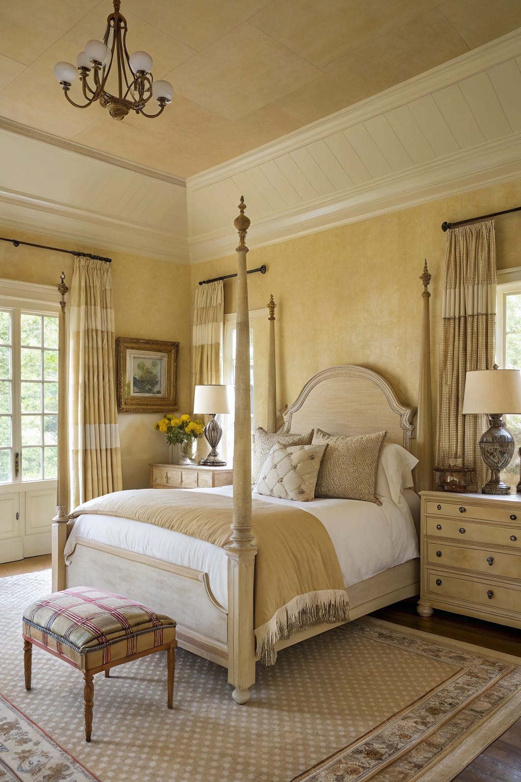 Cozy bedroom featuring warm beige walls, a tall four-poster bed draped in neutrals, wood nightstands, and soft window drapes