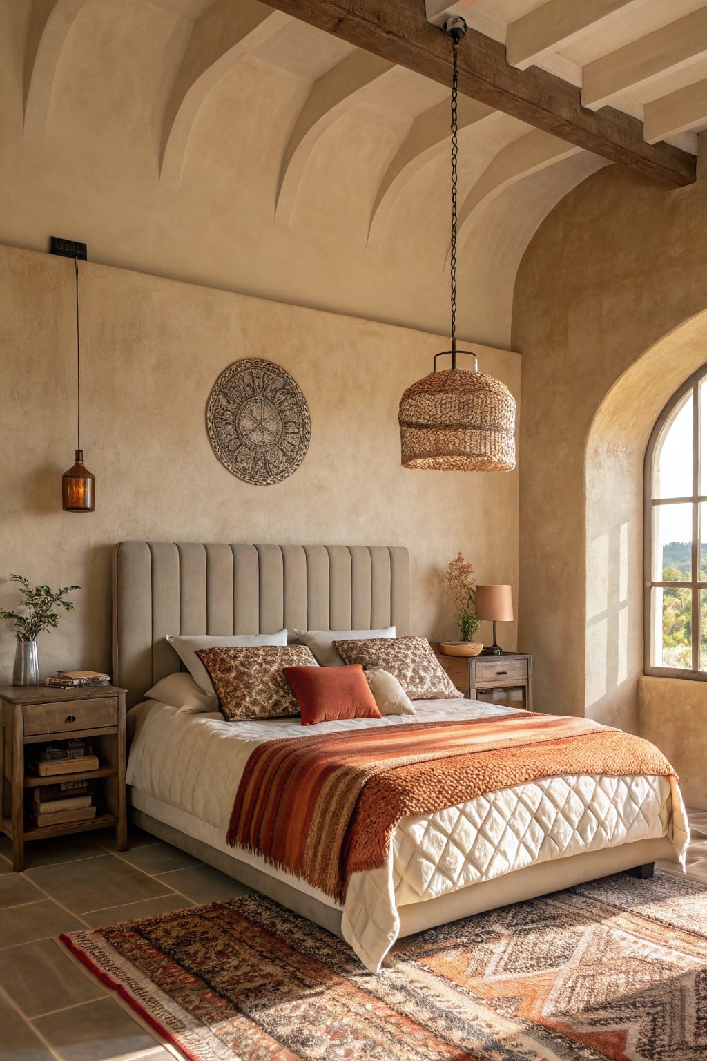 Bedroom featuring warm beige plaster walls, wooden ceiling beams, tufted bed with orange throws, and arched window