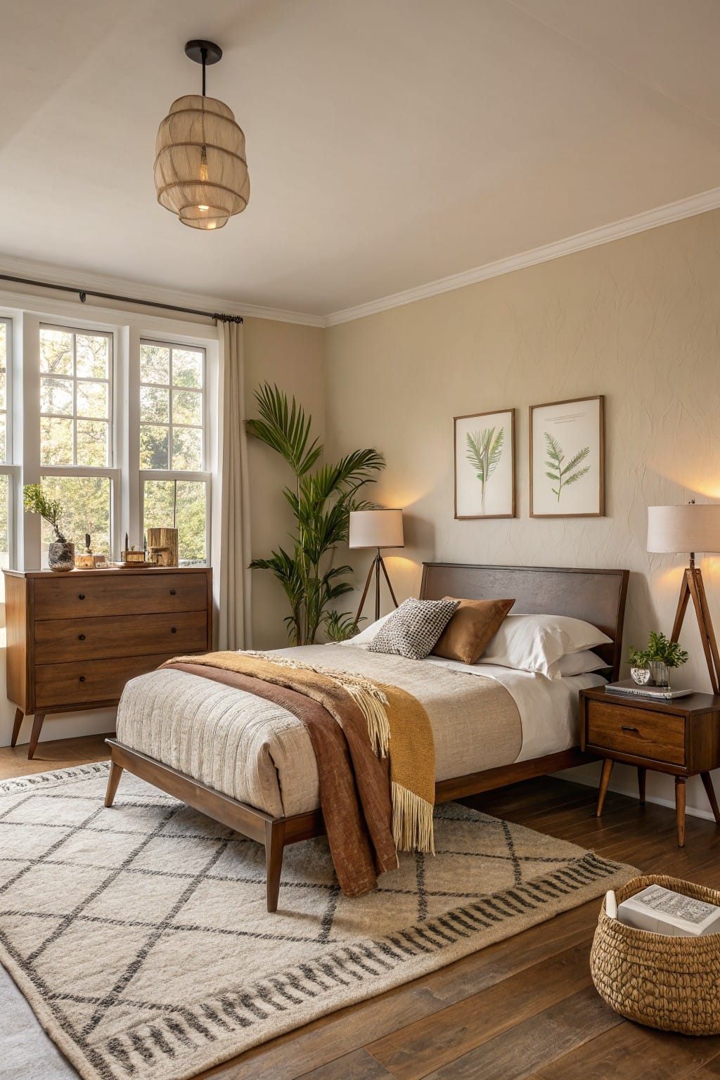 Bedroom interior with light warm beige walls, midcentury wood bed and dresser, potted plants, beige rug, and layered neutral bedding.