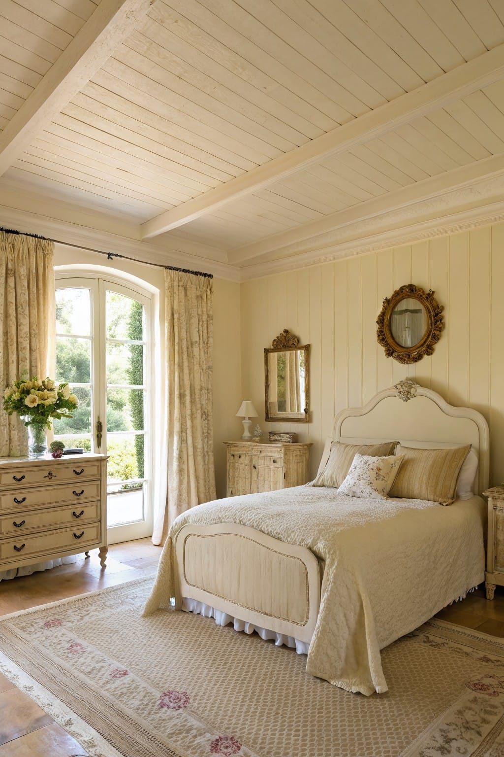 Bedroom with warm creamy paneled walls, antique bed, and French doors to garden view