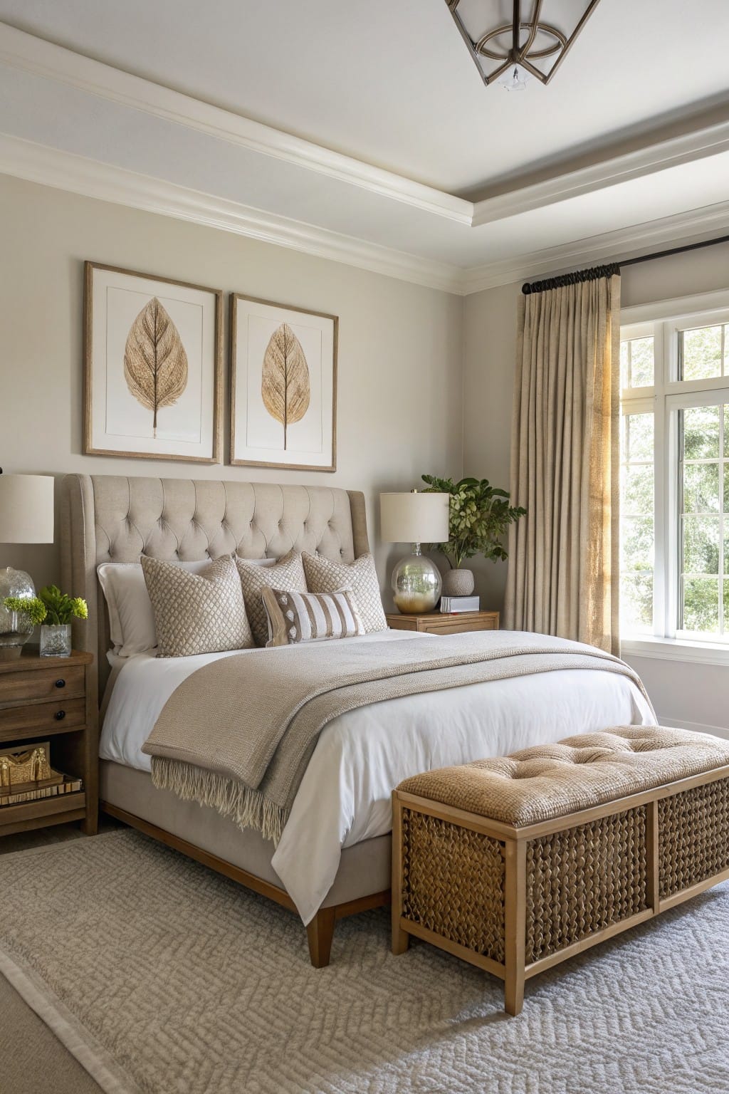 Bedroom with soft warm greige walls, tufted beige bed, wood furniture, and neutral textiles under natural light