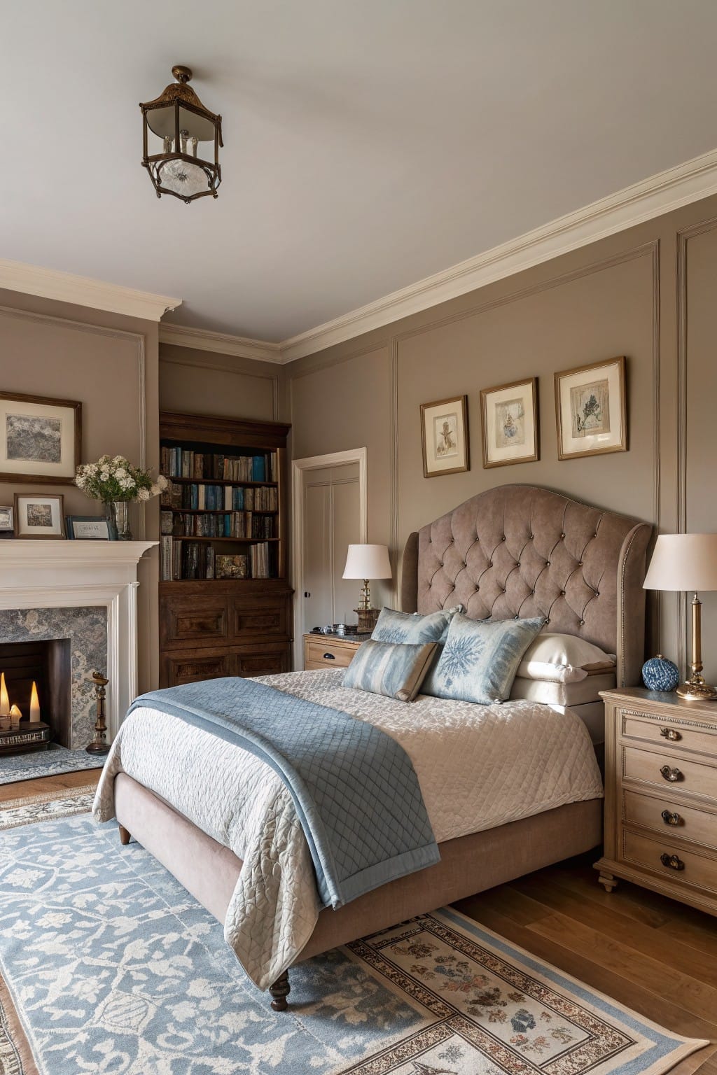 Cozy bedroom featuring warm greige paneled walls, tufted upholstered bed with blue bedding, wooden bookcase, and lit fireplace on hardwood floors