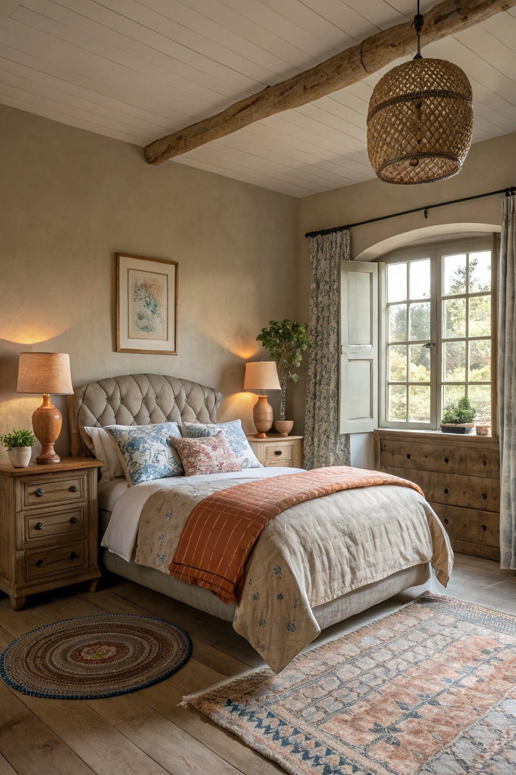 Bedroom with warm greige walls, tufted bed, wooden nightstands, and window overlooking trees