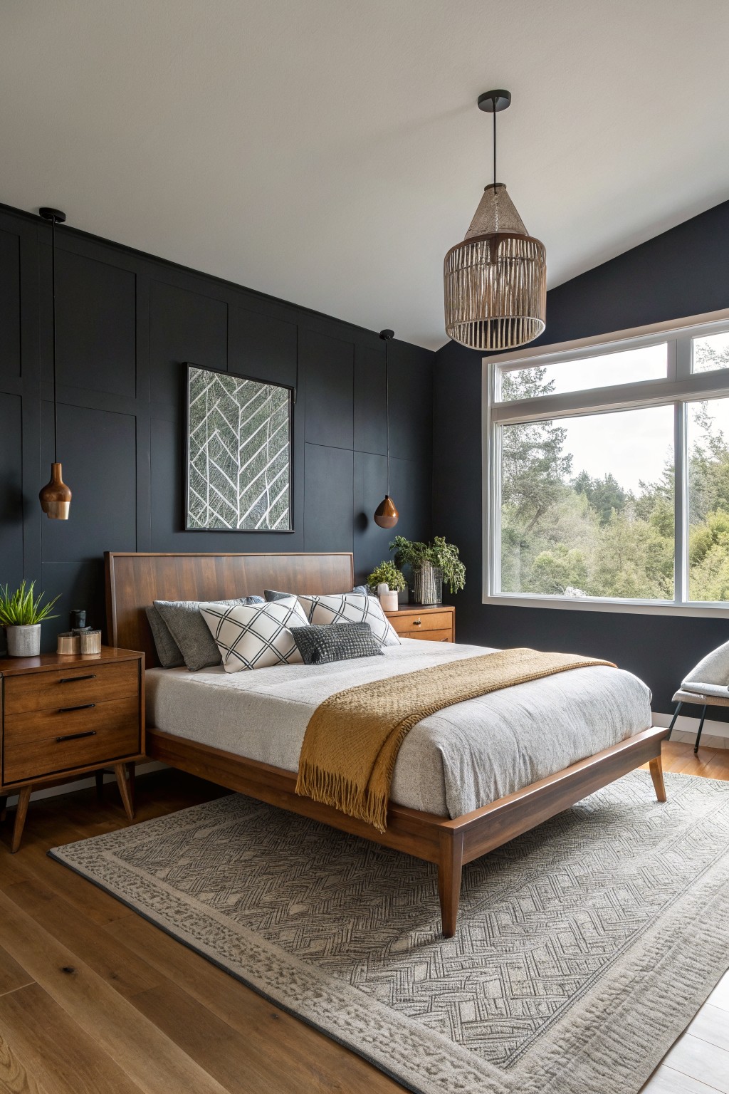 Bedroom with deep charcoal gray accent wall behind a wood platform bed, warm oak nightstands, layered pillows and throw, rattan pendant light, and large window overlooking trees