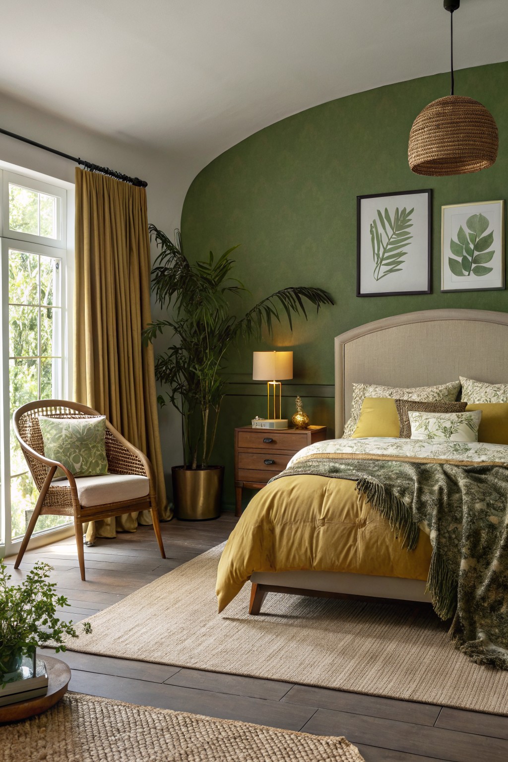 Cozy bedroom featuring a curved deep green accent wall behind the bed, accented with yellow bedding, potted plants, rattan chair, and warm wood floors