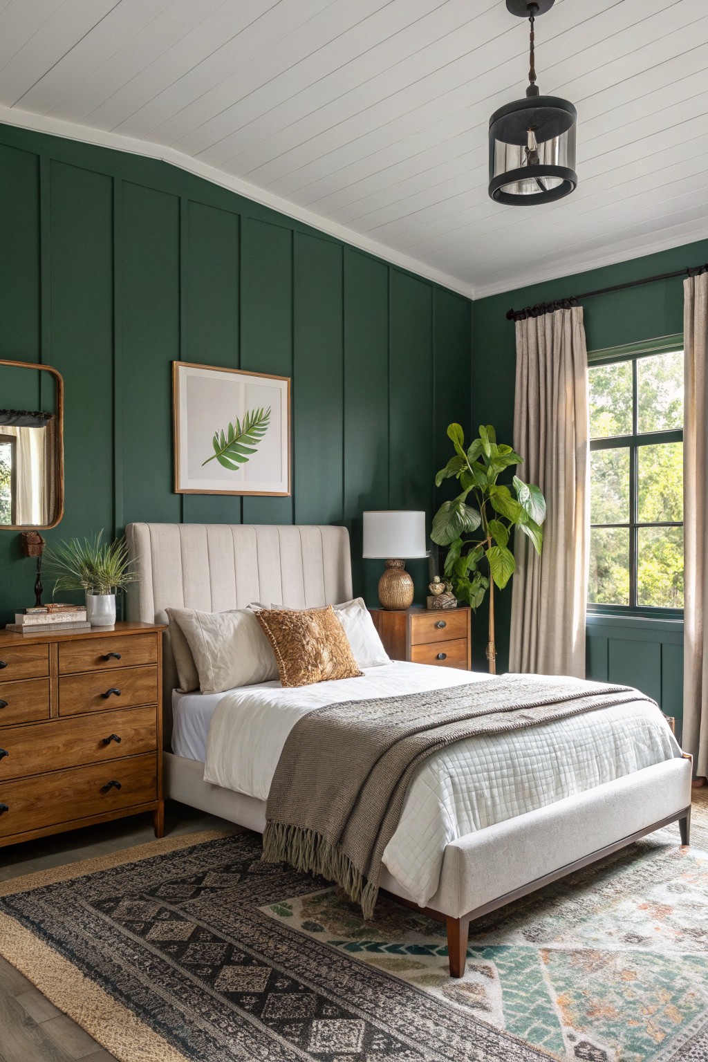 Bedroom with deep green shiplap accent wall, cream tufted bed frame, wooden dressers, potted plants, and large window