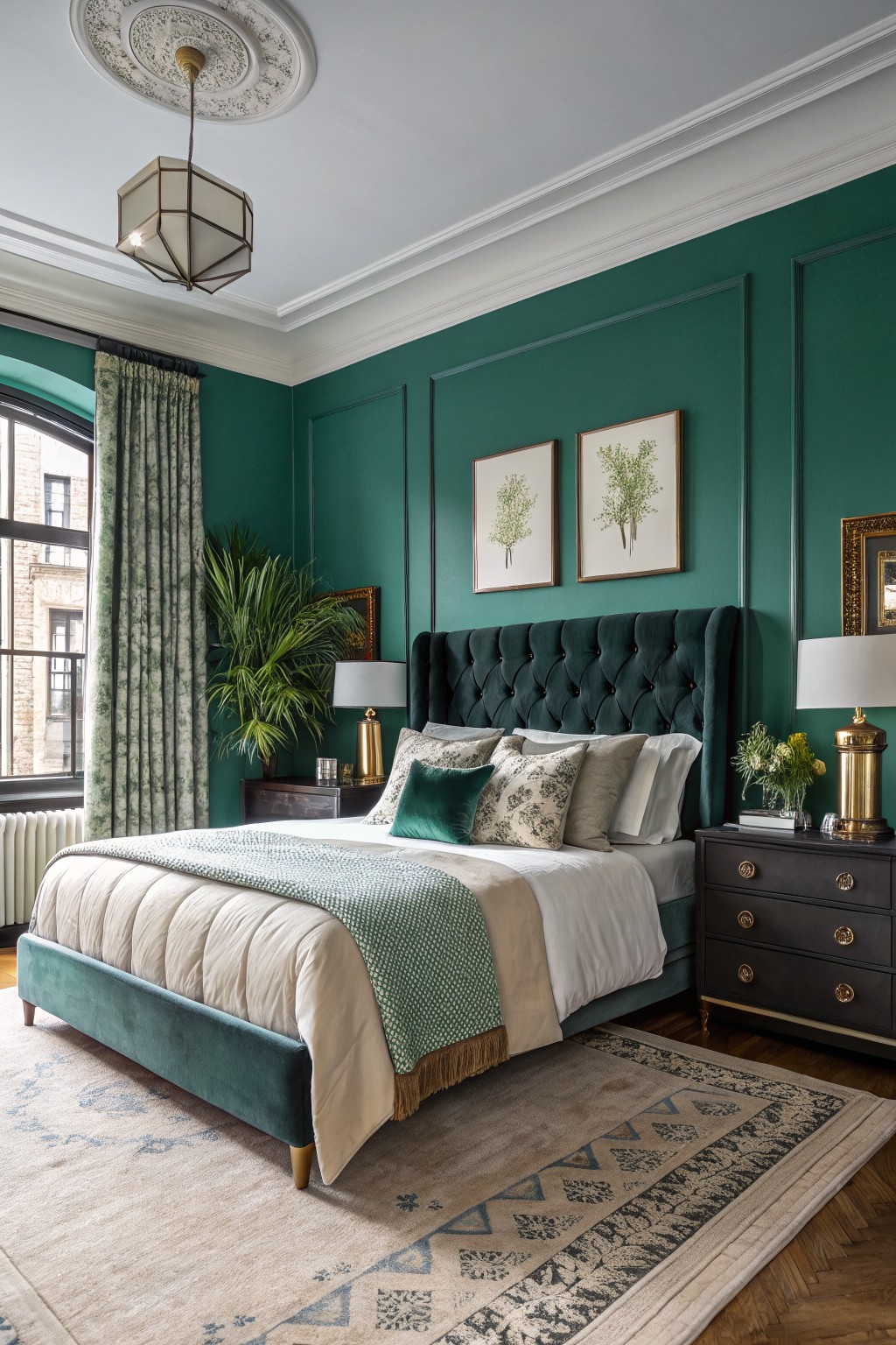 Bedroom with deep emerald paneled walls, tufted green velvet bed, brass lamps, and neutral rug