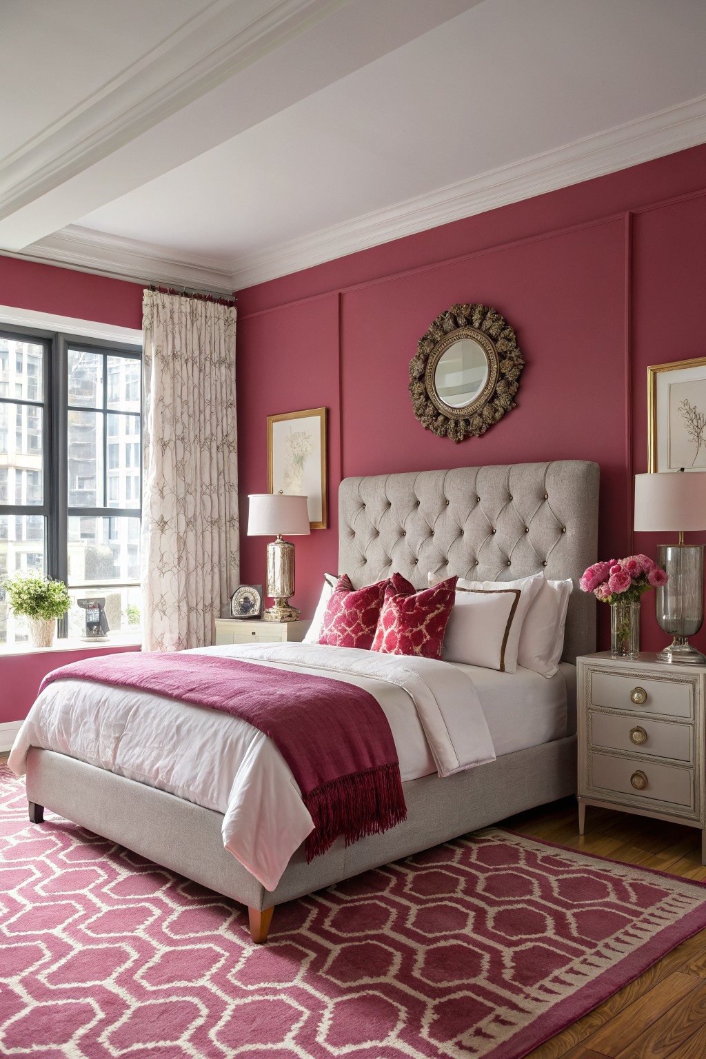 Bedroom featuring deep magenta accent walls behind a tufted upholstered bed with pink pillows and throw, flanked by nightstands and lamps, pink patterned rug on hardwood floor