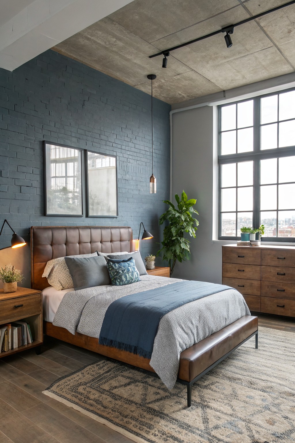 Modern bedroom featuring deep navy painted brick accent wall behind a tufted brown leather bed, flanked by wood nightstands and dresser, with plants and large industrial windows