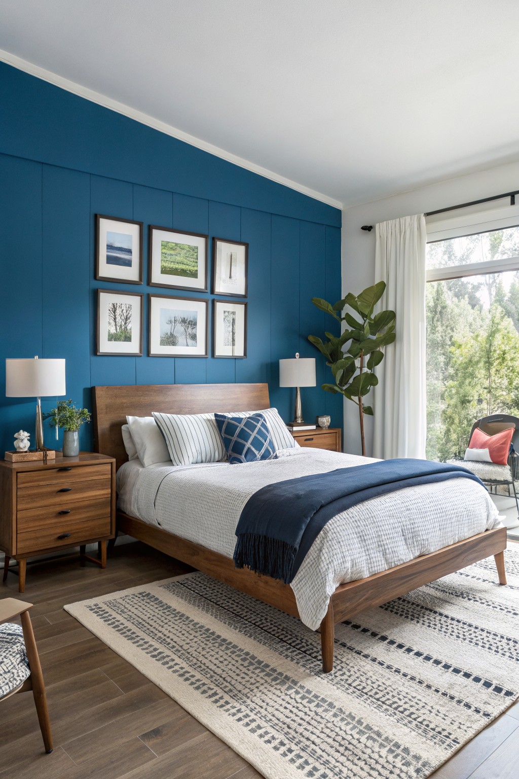 Bedroom featuring a deep navy blue accent wall behind a wood bed frame, with white bedding, potted plants, and large windows letting in light