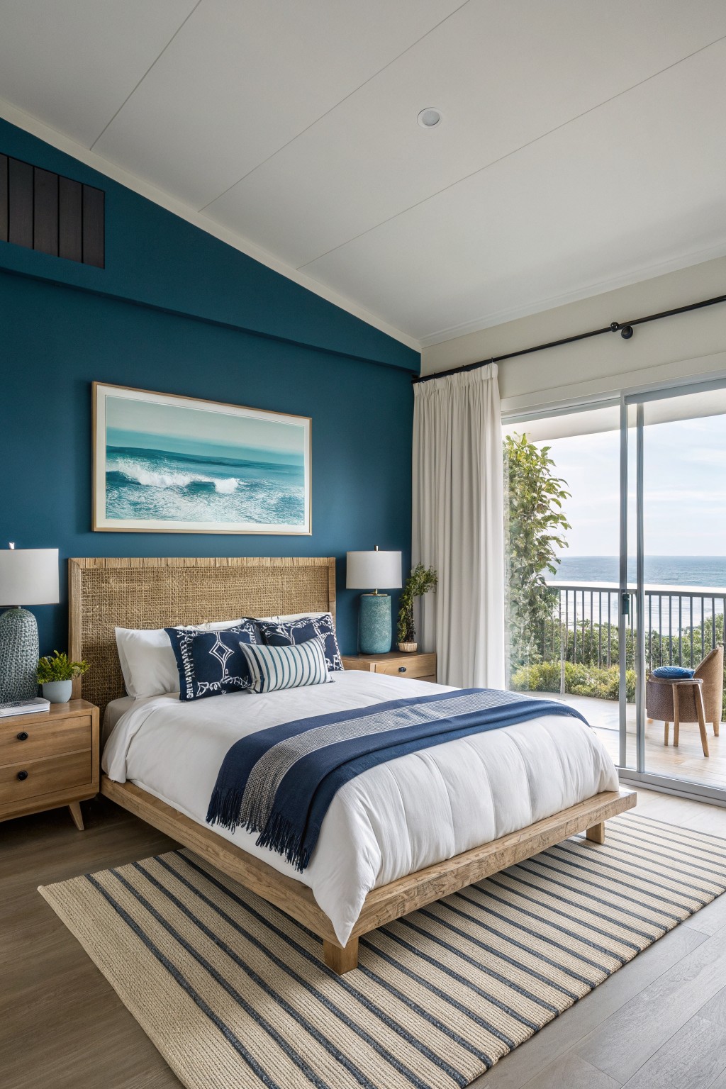 Bedroom featuring deep navy accent wall behind wooden bed with rattan headboard, sliding doors to ocean-view balcony, neutral wood tones and striped rug