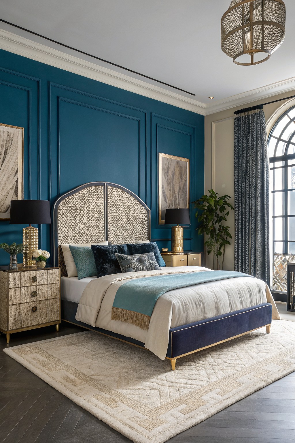 Luxe bedroom featuring deep navy paneled accent wall behind upholstered bed with turquoise throw, gold lamps, and cream rug on dark wood floors