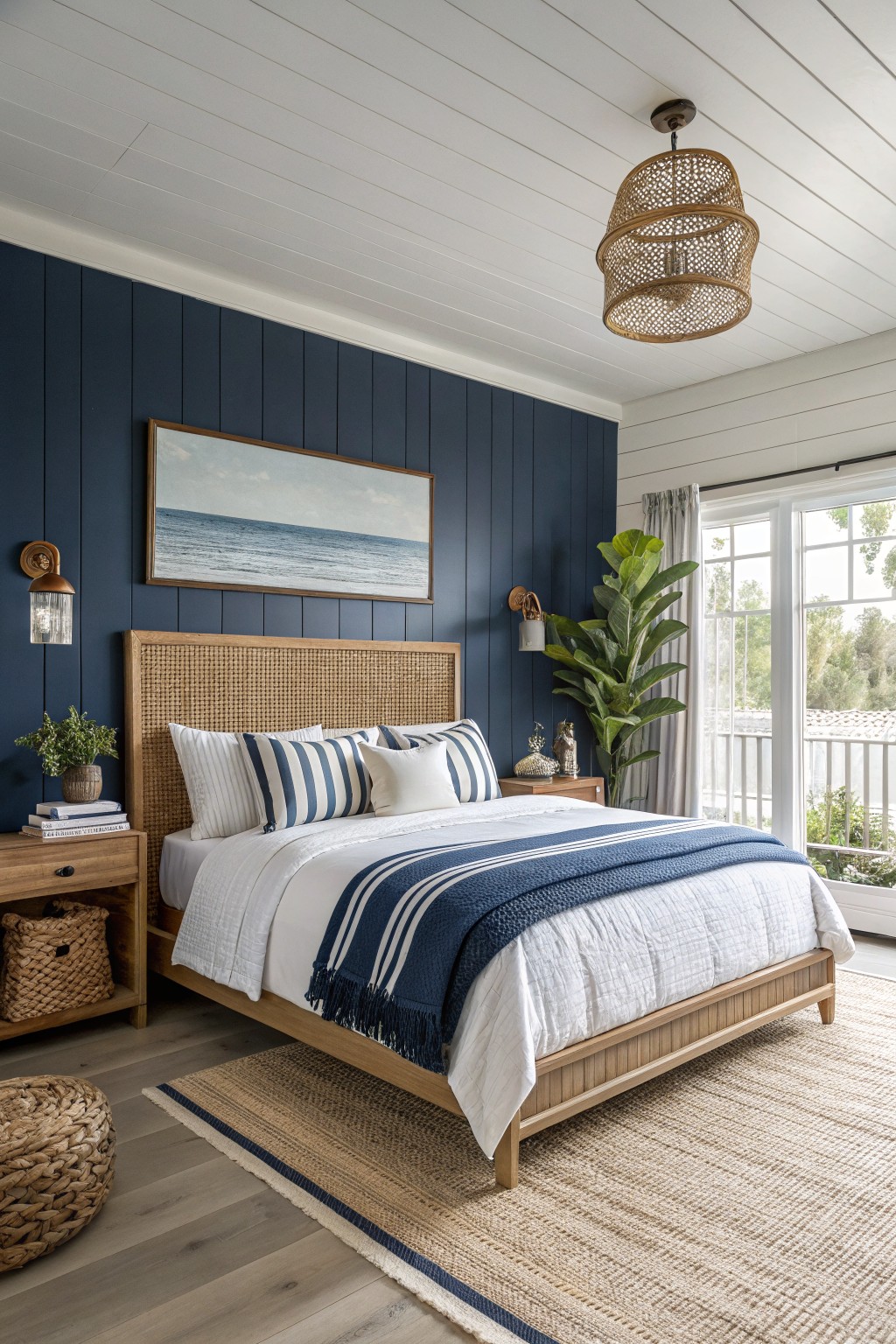 Cozy bedroom featuring deep navy shiplap accent wall behind rattan bedframe, with coastal artwork, plants, and sliding doors to outdoor view