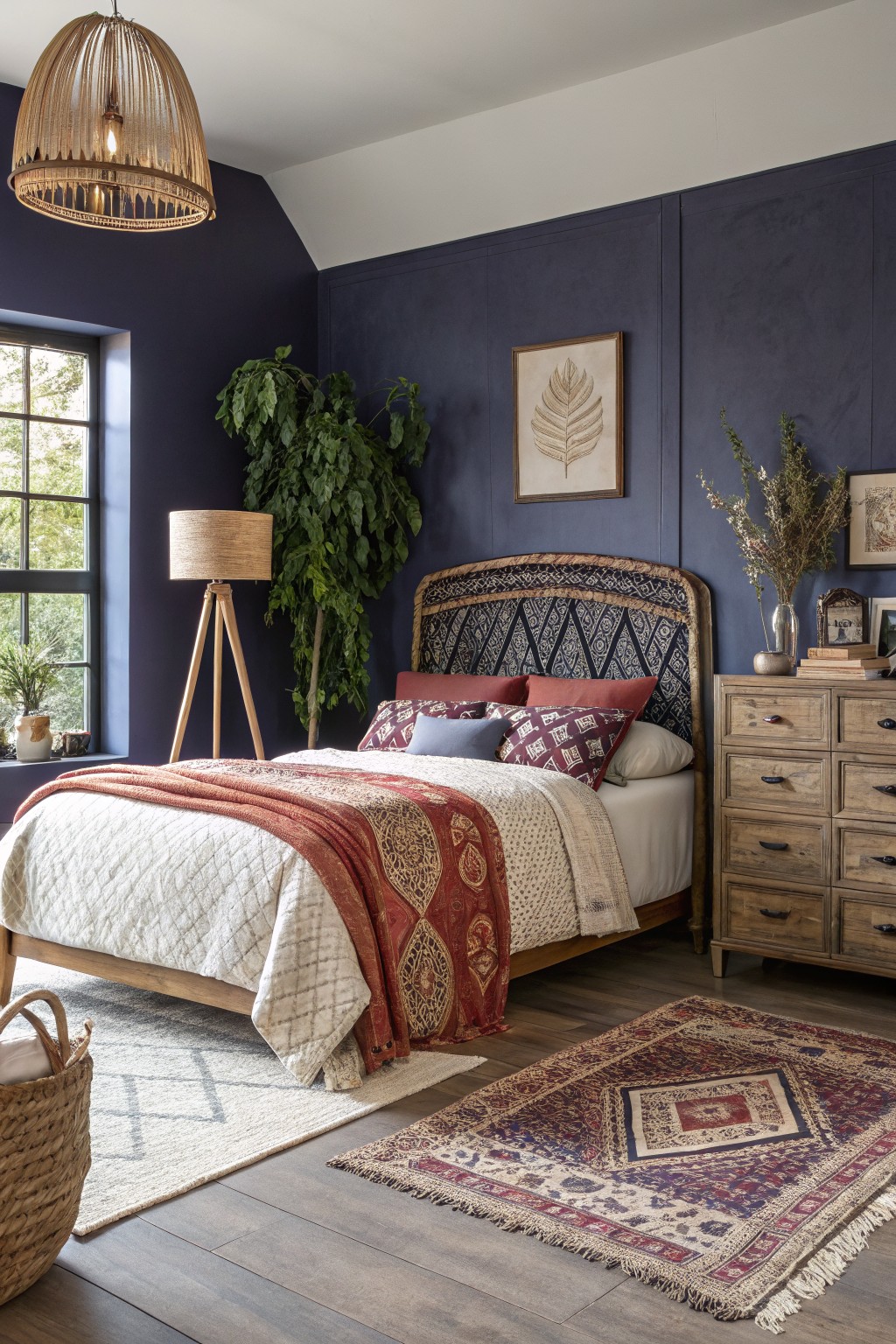 Cozy bedroom with deep navy accent wall, rattan headboard, layered textiles, and wood dresser