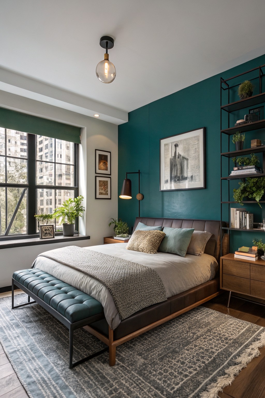 Modern bedroom featuring a deep teal accent wall with black metal shelving, potted plants, tufted leather bed in wood frame, teal bench, and large window overlooking city buildings