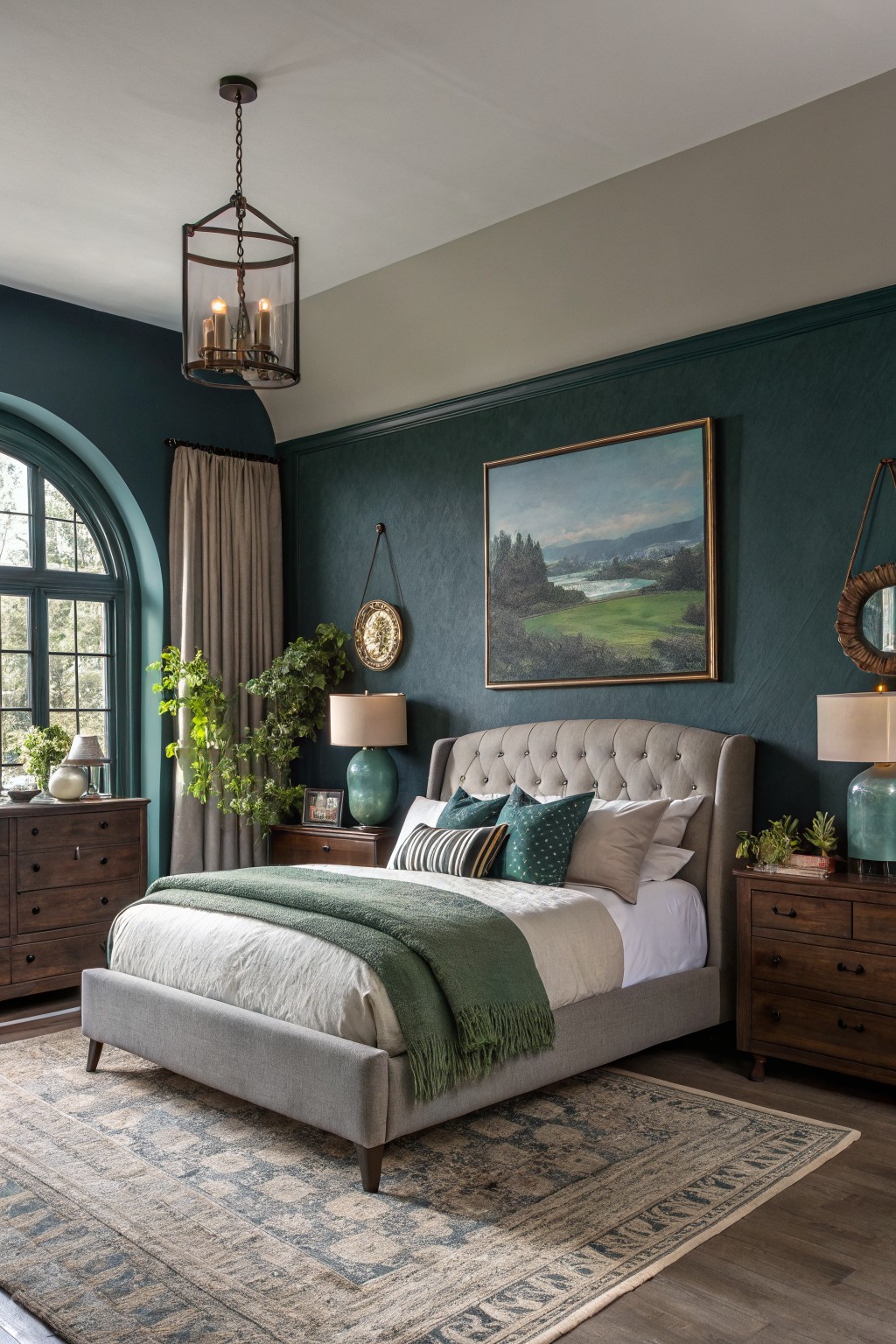 Bedroom featuring deep teal accent walls with gray upholstered bed, wood furniture, and layered pillows for bold drama
