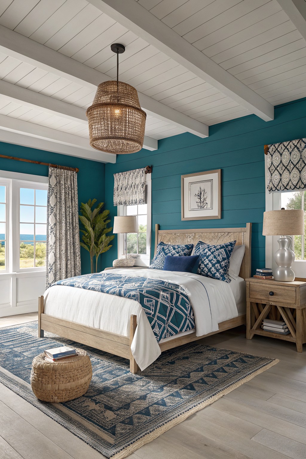Bedroom with deep teal shiplap accent walls, white wood ceiling, king wood bed with blue textiles, rattan lamp, coastal plant, ocean view windows
