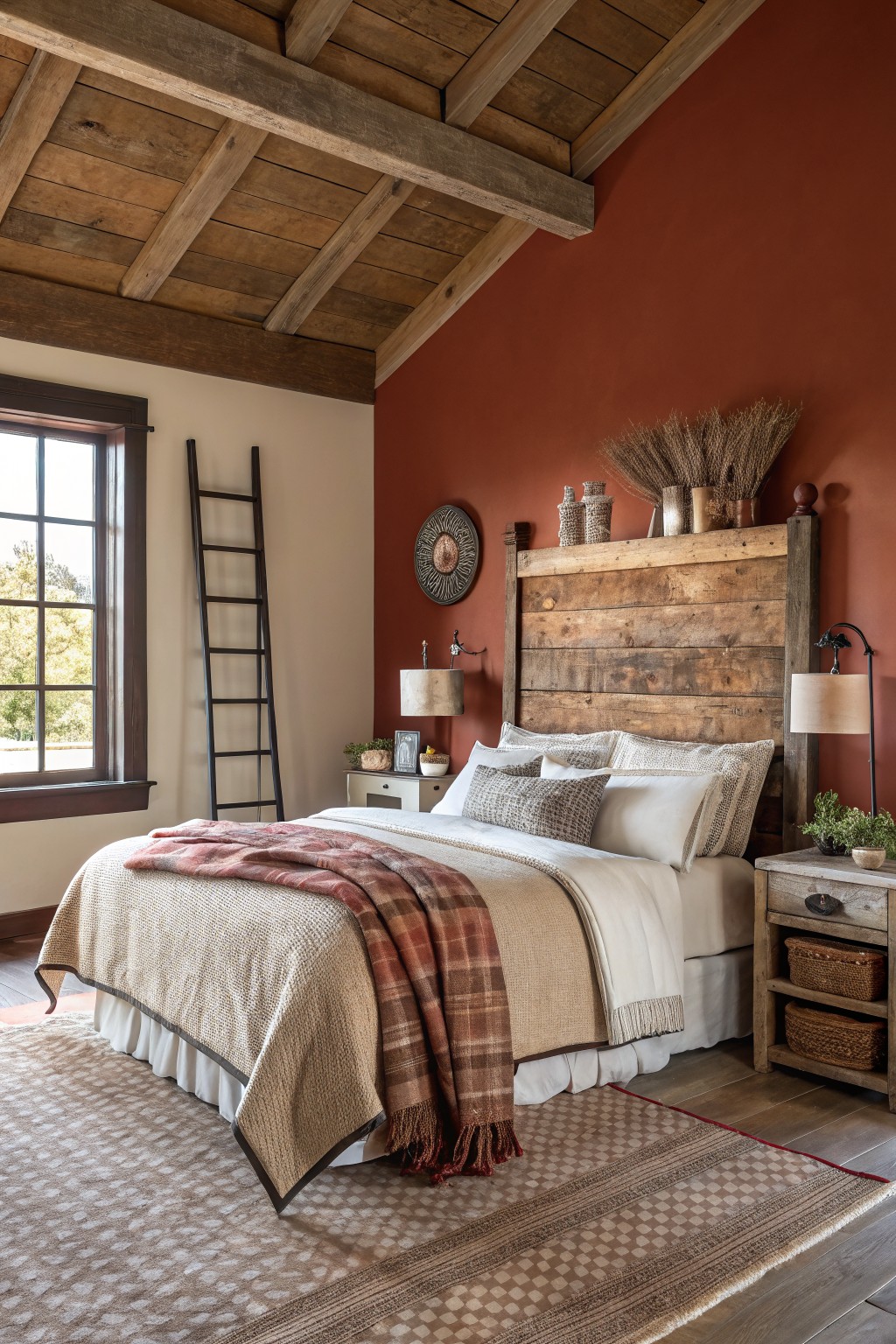 Cozy bedroom featuring a deep terracotta red accent wall with rustic wood headboard, plaid bedding, ladder shelf, and warm wood beams