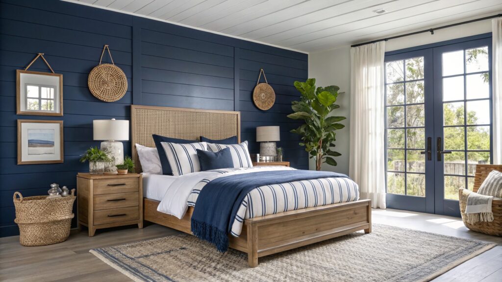 Cozy bedroom featuring deep navy shiplap accent wall behind rattan bedframe, with coastal artwork, plants, and sliding doors to outdoor view