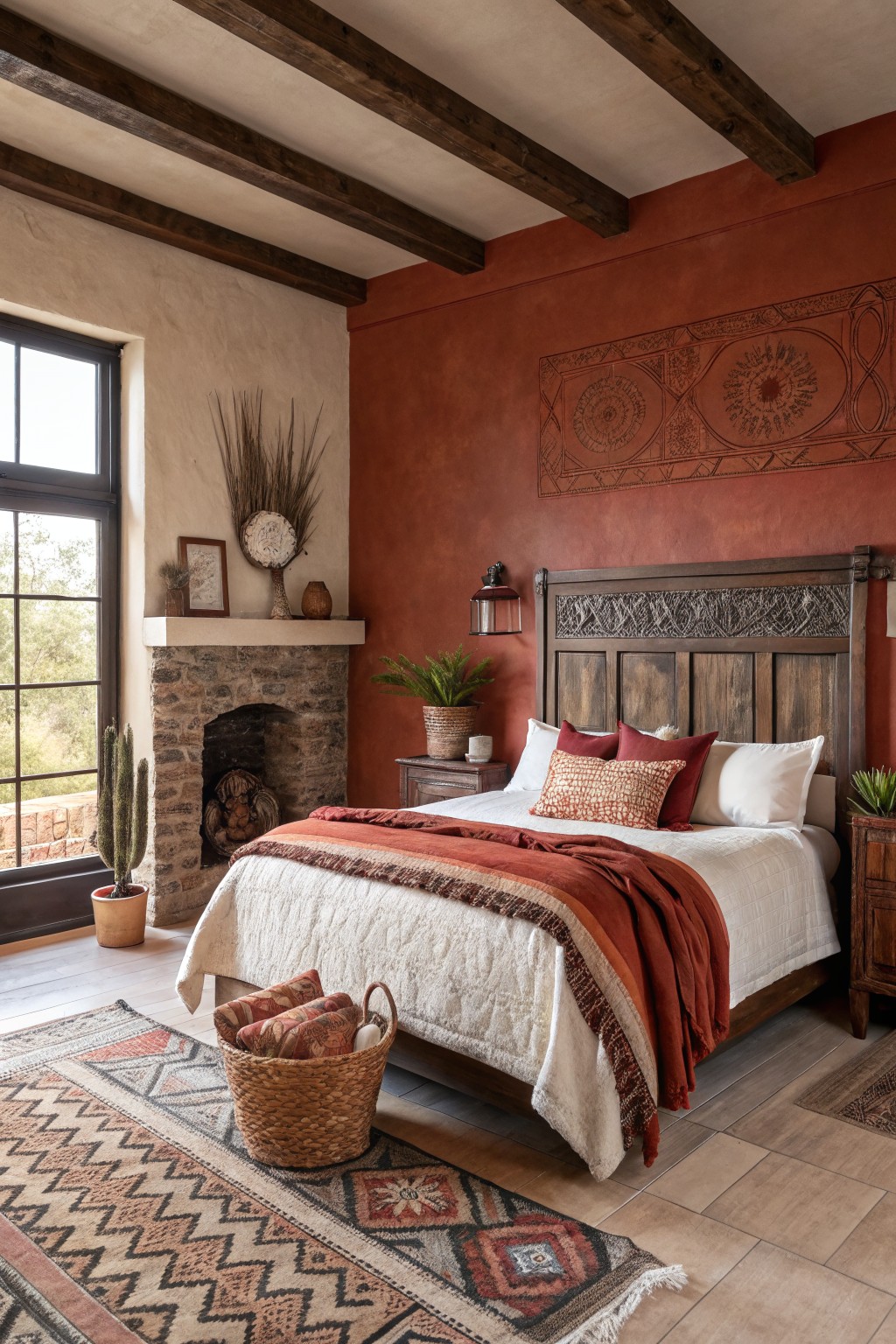 Bedroom with bold terracotta red accent wall behind wooden bed, rustic beamed ceiling, stone fireplace, and earthy textiles