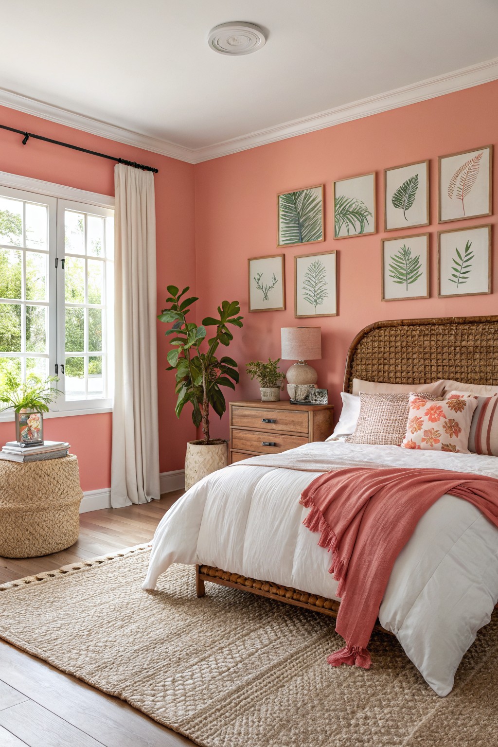 Bedroom featuring warm coral pink walls with rattan bed, white bedding, tropical leaf art, and potted plants