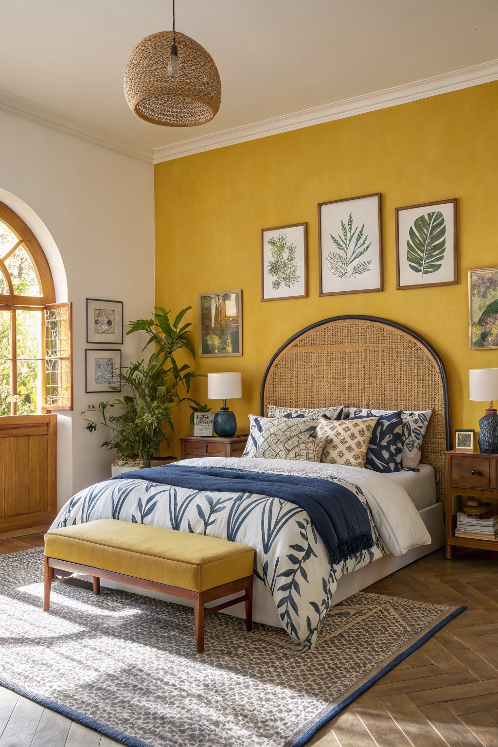 Cozy bedroom featuring a textured mustard yellow accent wall behind a rattan headboard, with navy patterned bedding, potted plants, and wooden furniture