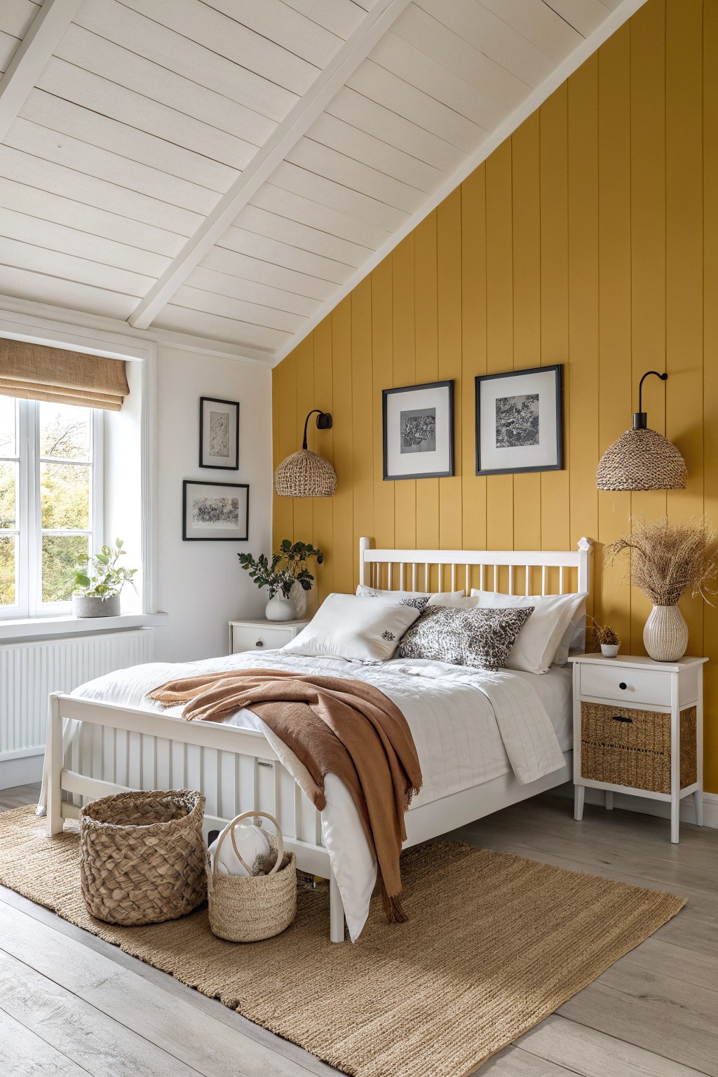 Bedroom with warm mustard yellow paneled accent wall beside white bed frame, rattan lamps, and neutral bedding on light wood floors