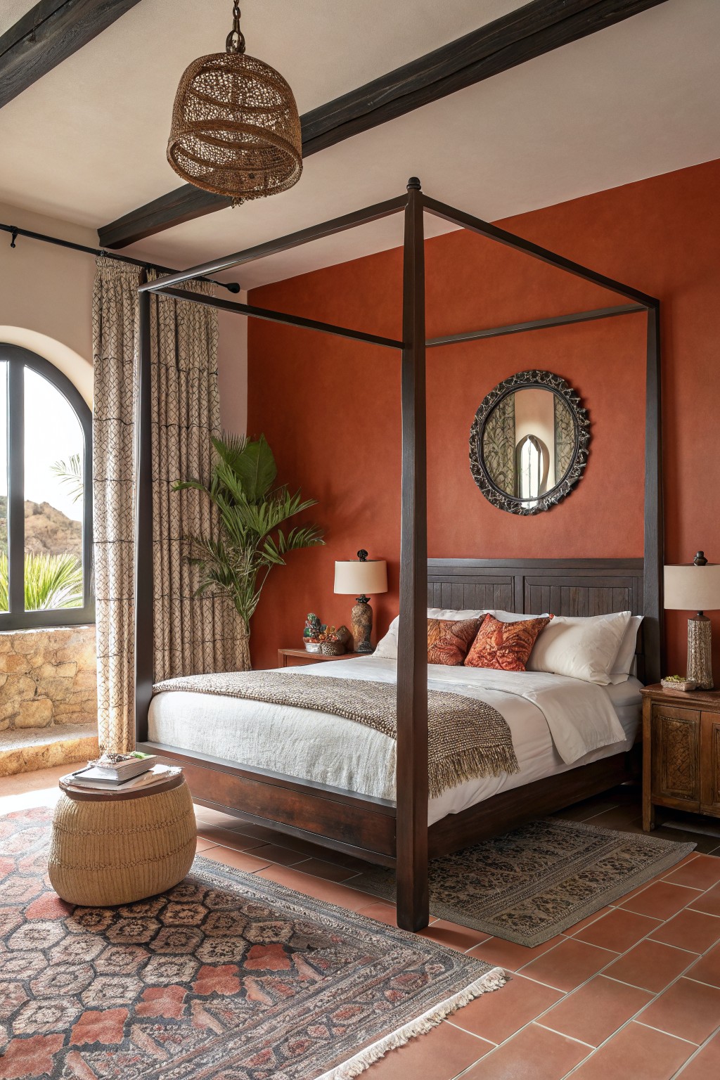 Bedroom with warm terracotta accent wall behind a dark wood four-poster bed, arched window with patterned curtains, rattan stool, and woven rug on terracotta tiles