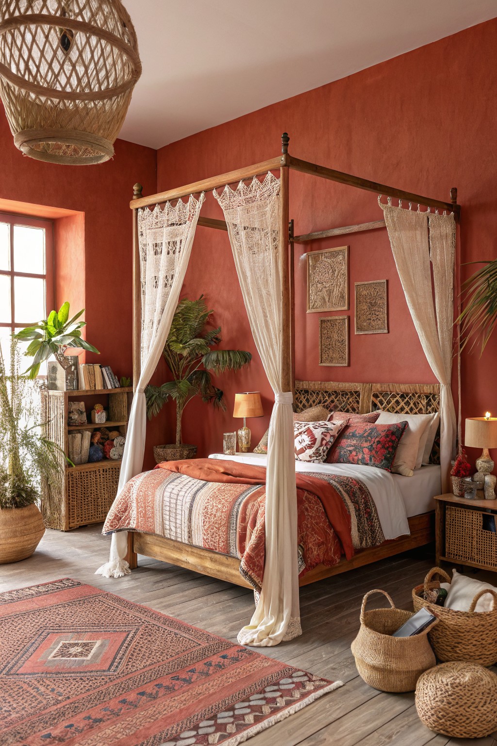 Cozy bedroom featuring warm terracotta walls, wooden four-poster bed with white lace canopy, layered orange bedding, potted plants, woven baskets, and rattan accents on a patterned rug