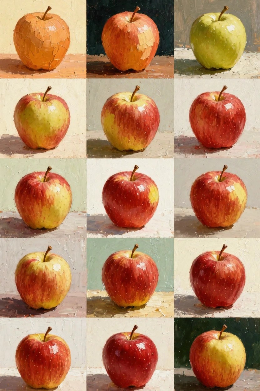 A 5-by-4 grid of small oil paintings, each showing a single apple in varied colors from green to red against simple backgrounds.