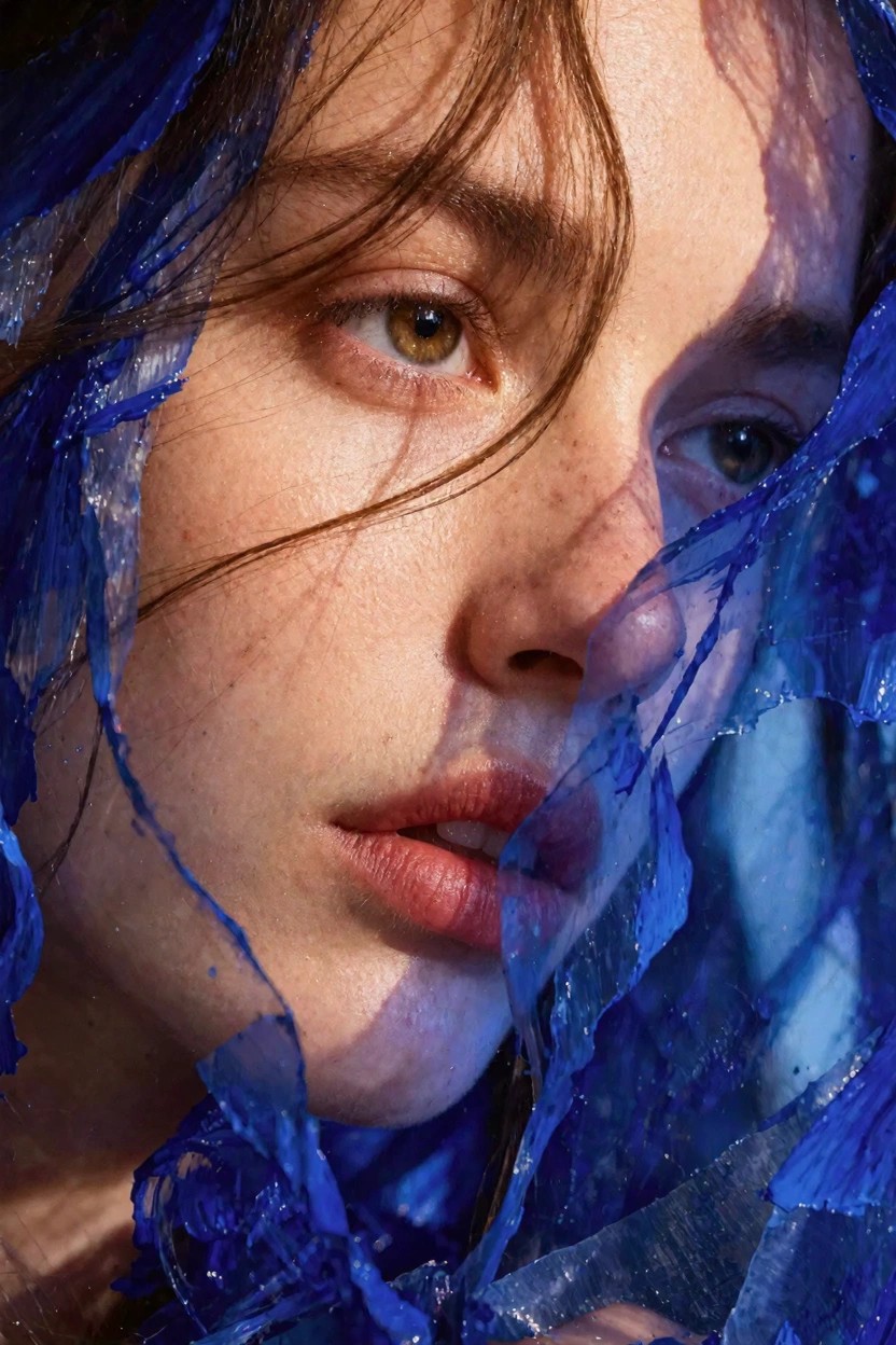 Close-up of a woman's face draped in torn translucent blue plastic sheets revealing one eye, freckles, and lips.