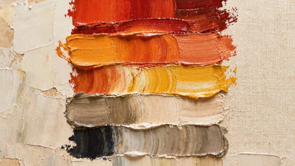 23 Brilliant Oil Paint Mixing Secrets To Elevate Your Color Mastery Grid of thick oil paint dabs arranged in rows, shifting from warm reds and oranges at the top to browns and blacks at the bottom.