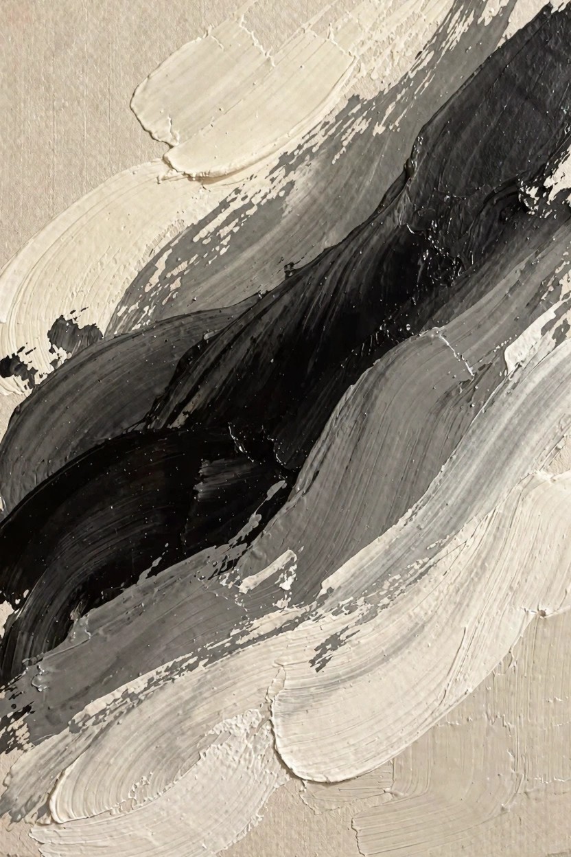 Abstract oil painting with thick black, gray, and white impasto strokes blending into wave-like forms on a beige background.