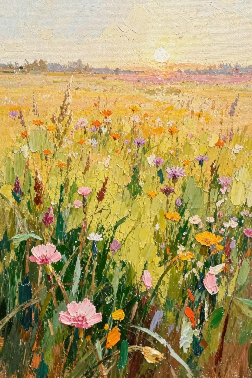 Oil painting of a textured wildflower meadow at sunset with golden light over fields and distant trees.