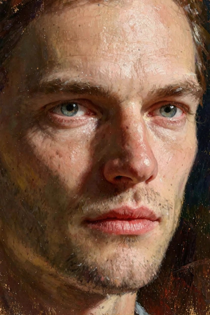 Close-up oil painting of a man's intense face with blue eyes, stubble, and textured glistening skin.
