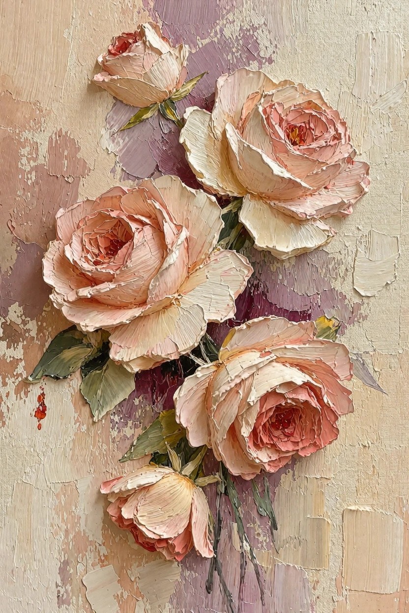 Cluster of textured pale peach roses with stems and leaves on a mottled beige and purple background.