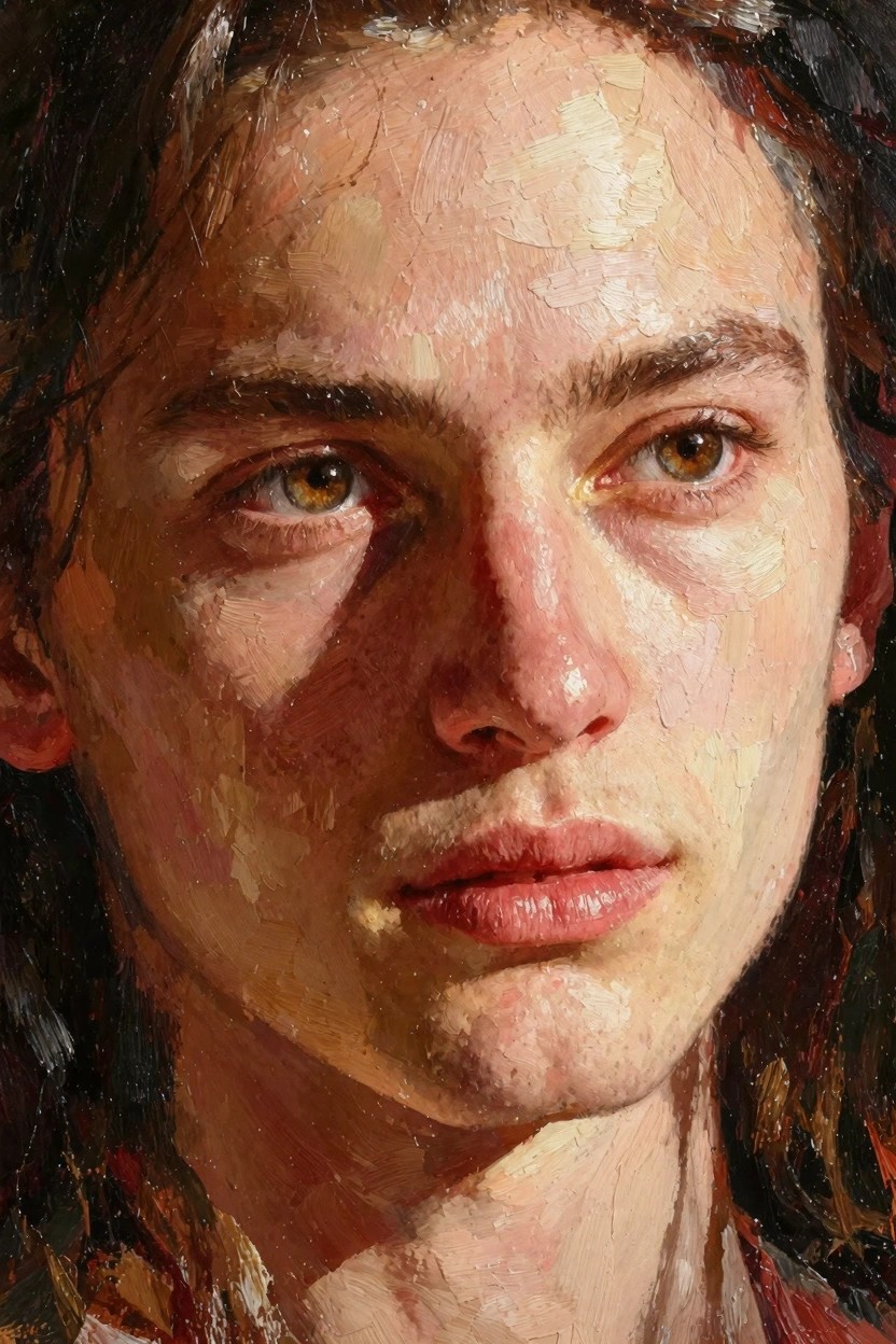 Oil painting of a young person's face with long dark hair, textured impasto strokes on pale skin, and warm side lighting on hazel eyes.