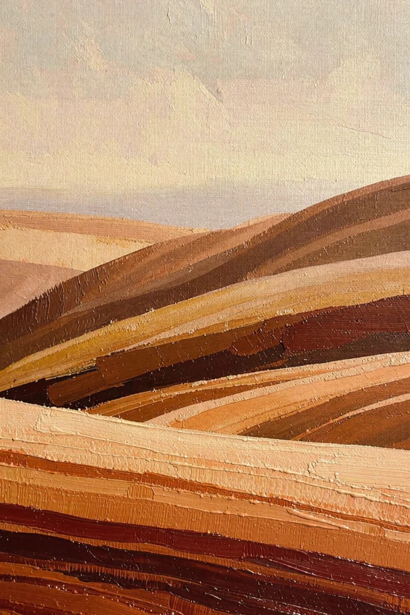 Oil painting of undulating hills in layered beige, tan, orange, brown, and rust tones with thick brushstrokes and a soft sky.