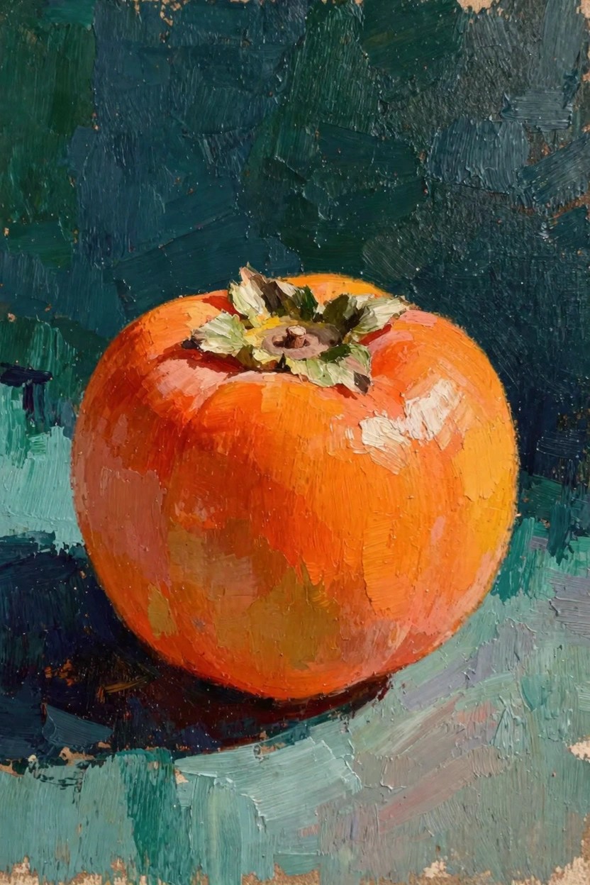 Oil painting of a bright orange persimmon with green leaf on a textured teal background.