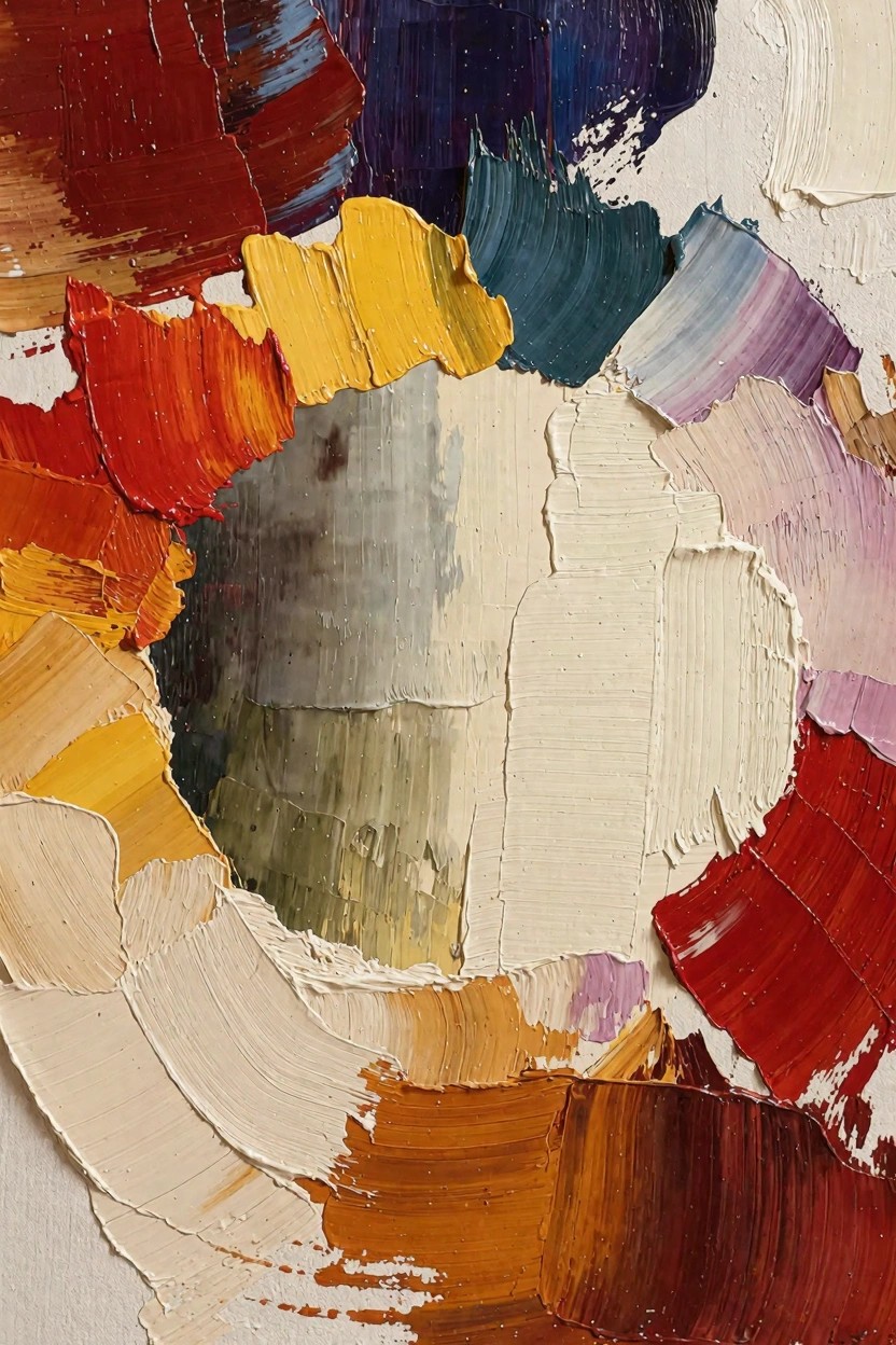 Thick impasto oil painting in reds, yellows, blues, purples, greens, and grays forms a vibrant ring around a central muted gray-green area.