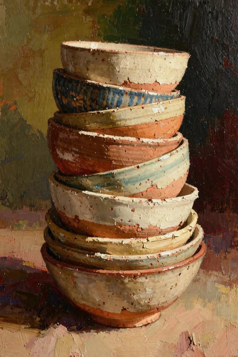 Oil painting of a stack of six textured ceramic bowls in earthy tones on a warm table against a dark background.