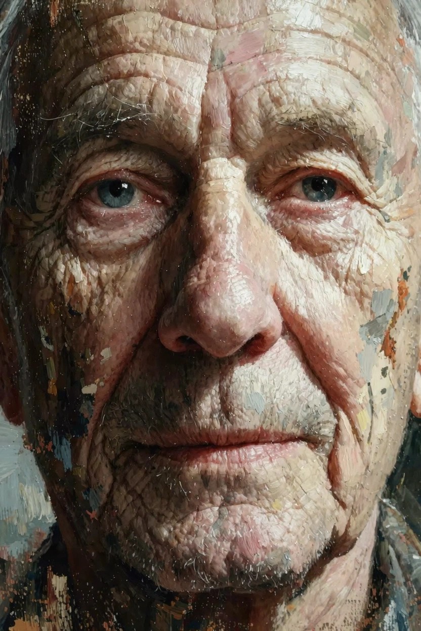 Close-up oil painting portrait of an elderly man featuring wrinkled skin rendered in thick, textured paint layers with blue eyes.
