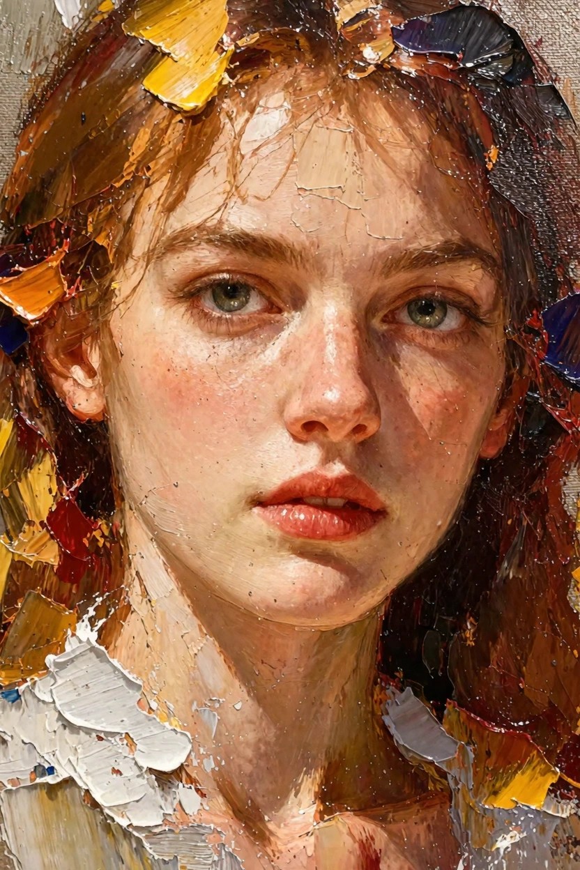 Oil portrait close-up of a young woman with freckled skin, green eyes, and red hair formed from thick yellow, orange, red, and purple impasto strokes.