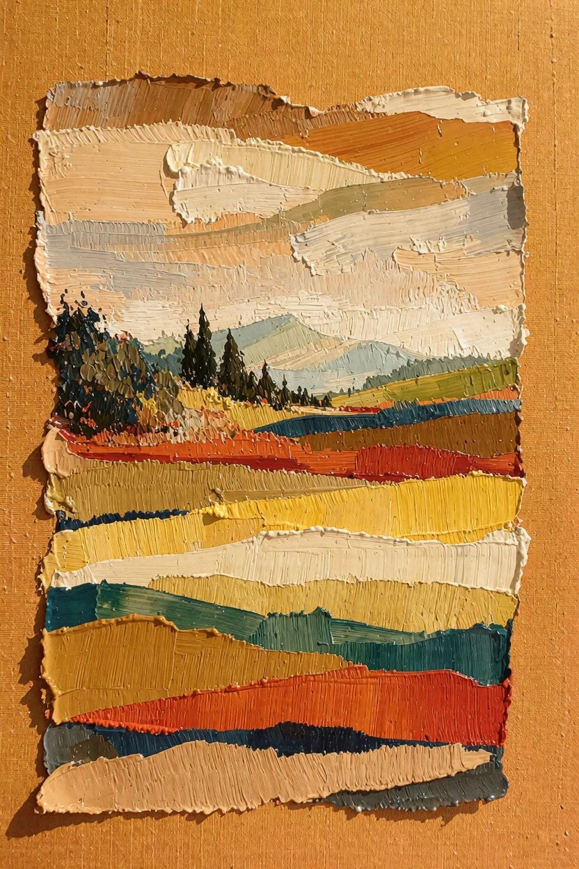 Oil painting landscape built from horizontal impasto strips in varied earth tones depicting colorful fields, pine trees, distant mountains, and cloudy sky on orange textured cardboard.