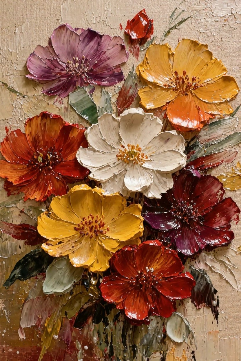 Oil painting of a bouquet with purple, yellow, orange, red, and white flowers using thick impasto brushstrokes on a beige background.