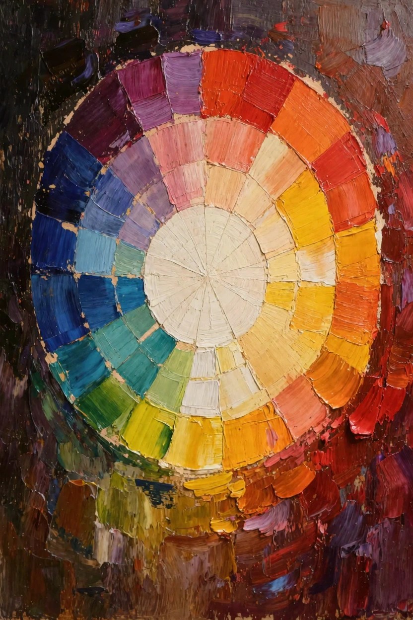 Oil painting of a circular color wheel in thick impasto with vibrant hue segments radiating from a white center against a dark textured background.