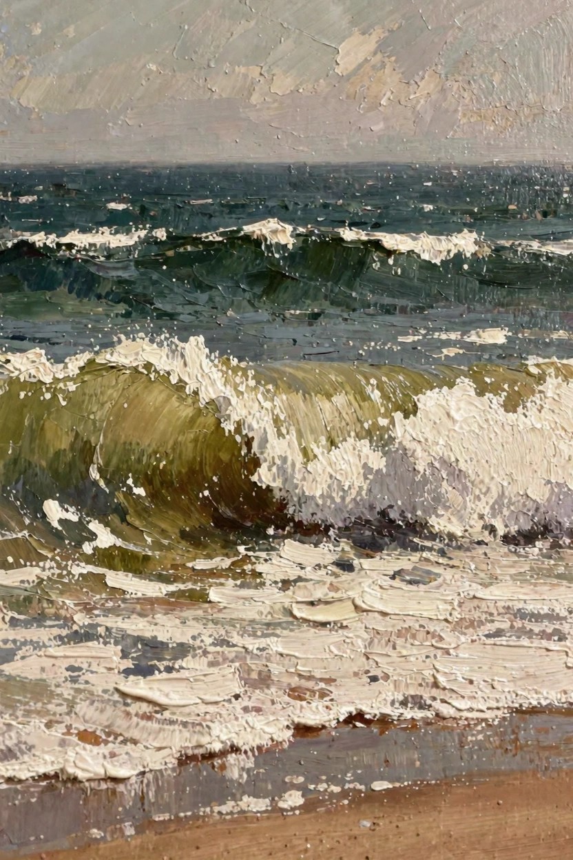 Oil painting of green and white ocean waves crashing on a sandy beach under a gray cloudy sky.