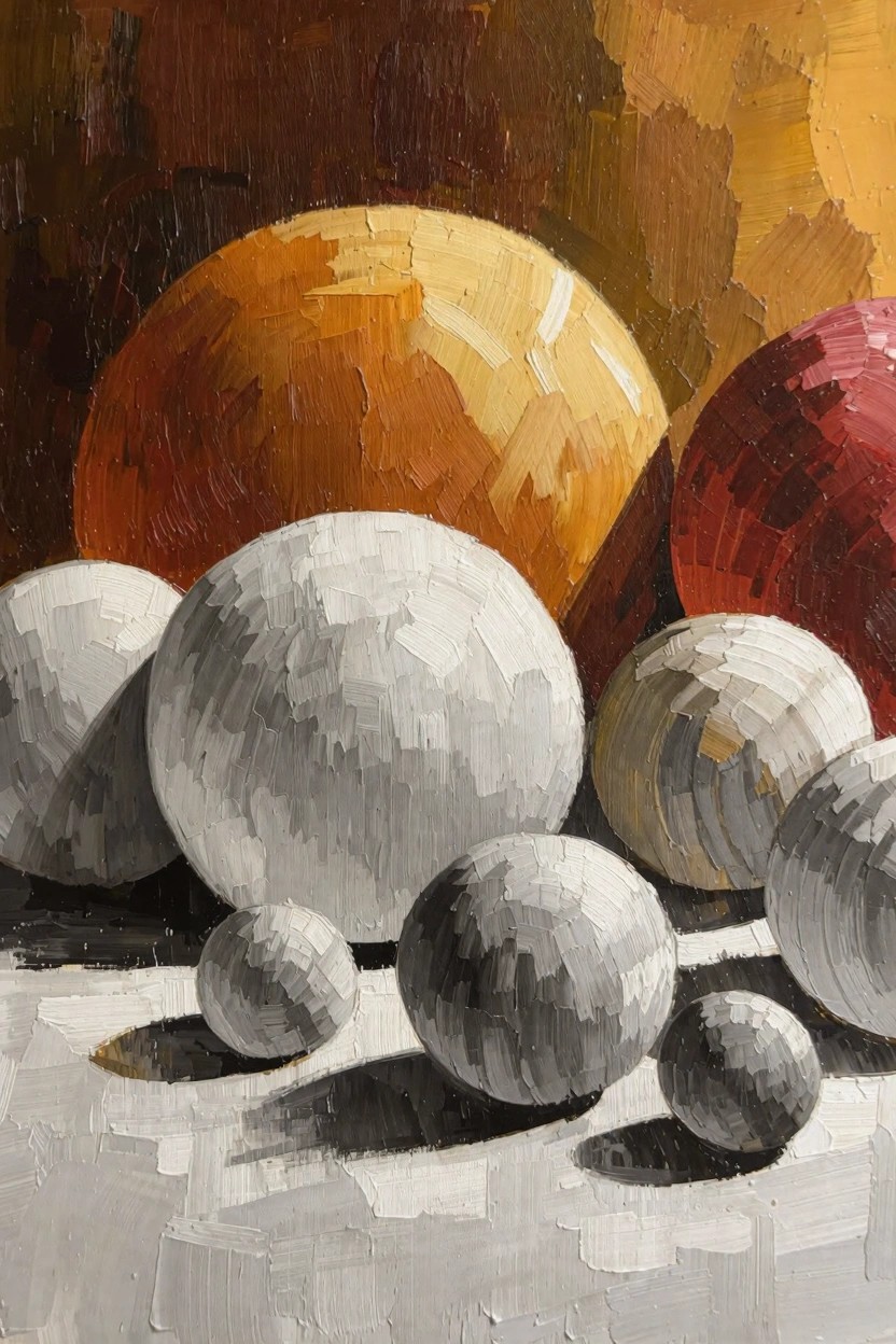 Oil painting of clustered spheres in orange, red, white, and gray with impasto texture, warm background, and cast shadows on a light surface.