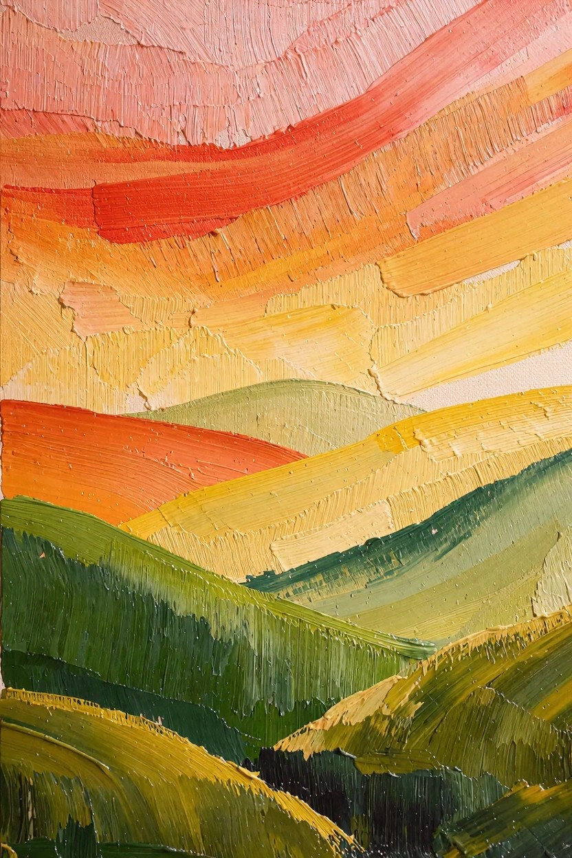Oil painting of a vibrant sunset sky in pinks, oranges, yellows, and greens over textured rolling hills.
